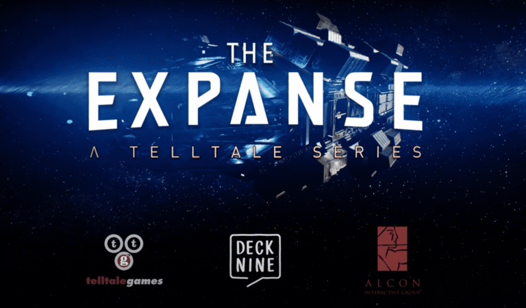 The Expanse: A Telltale Series vor einer Weltraumszene mit den Logos von Telltale, Deck Nine und Alcon