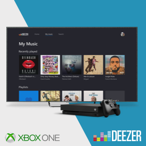 Offizielles Aktionsmotiv zur Deezer-App mit Fernseher, Xbox One und Musikoberfläche - Bild: Xbox Wire DACH / Deezer