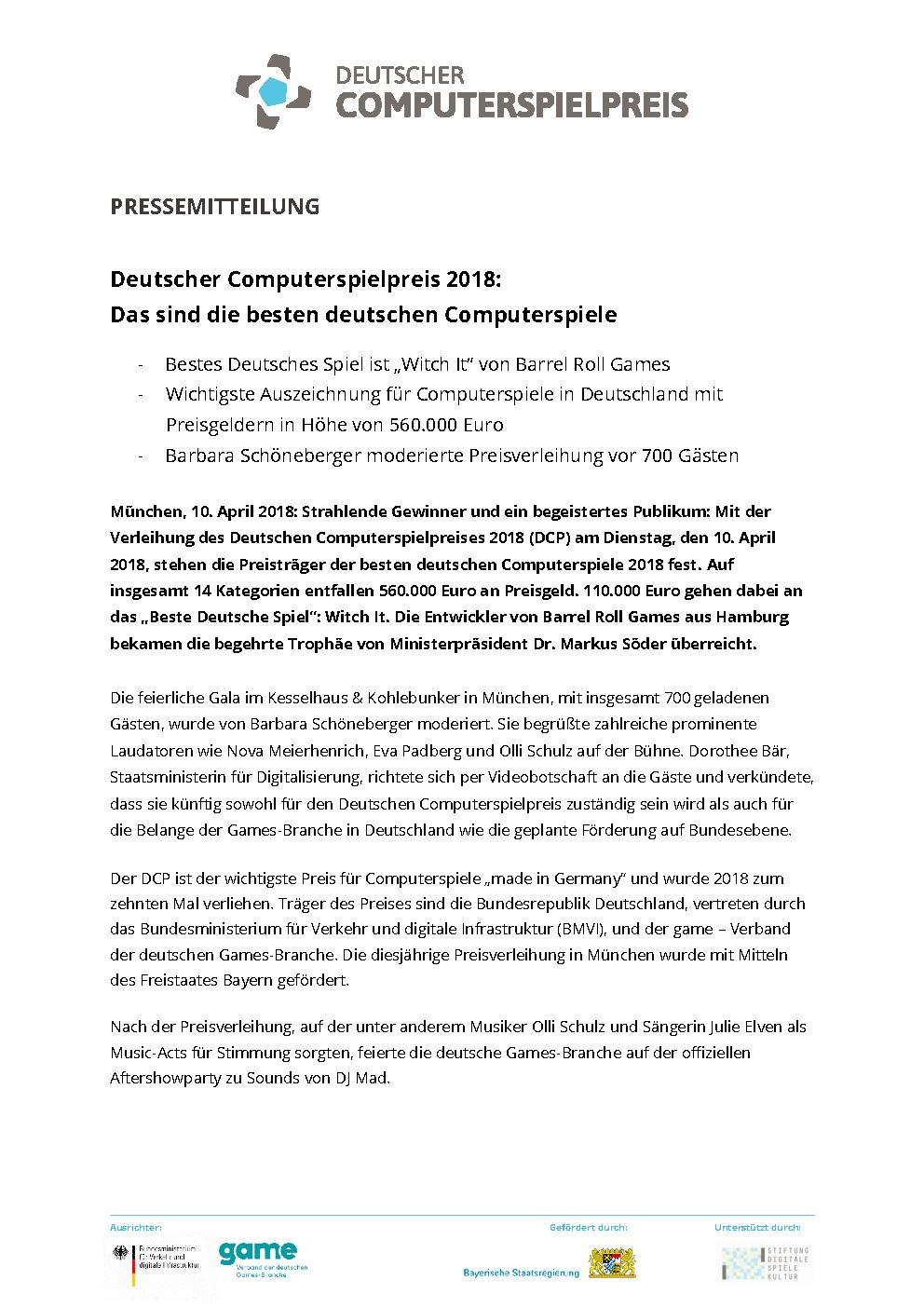 Titelseite der Pressemitteilung zum Deutschen Computerspielpreis 2018