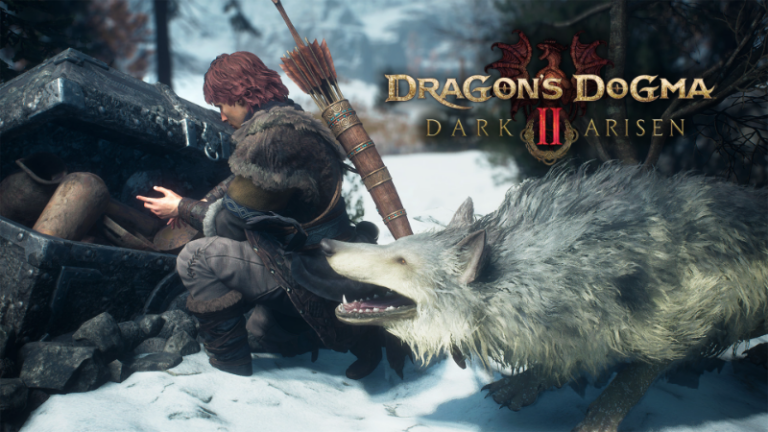 Jäger kniet neben einem weißen Wolf im verschneiten Gebiet von Dragon’s Dogma 2: Dark Arisen