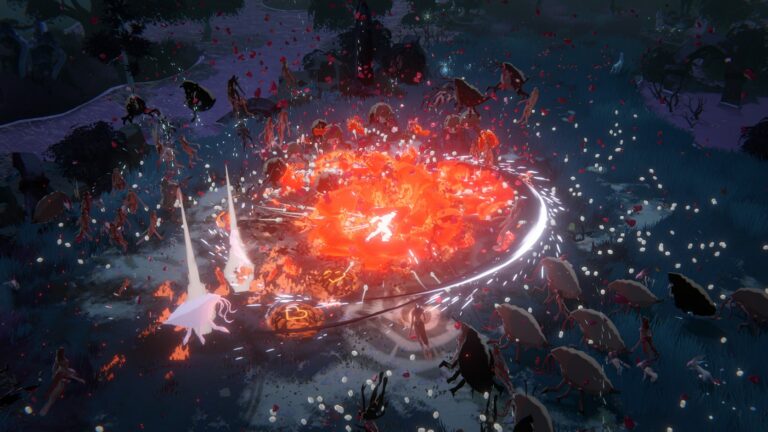 Spielfigur löst in Ember and Blade einen roten Flächenangriff gegen eine Gegnerhorde aus