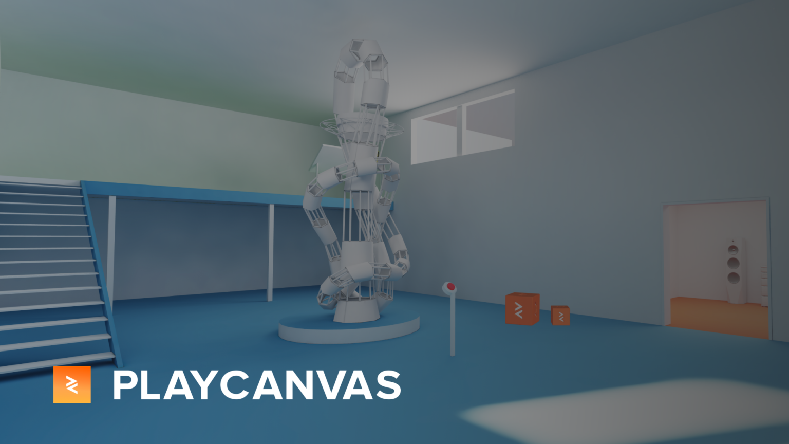 PlayCanvas-Pressemotiv mit einer 3D-Laborszene und Engine-Logo - Bild: PlayCanvas