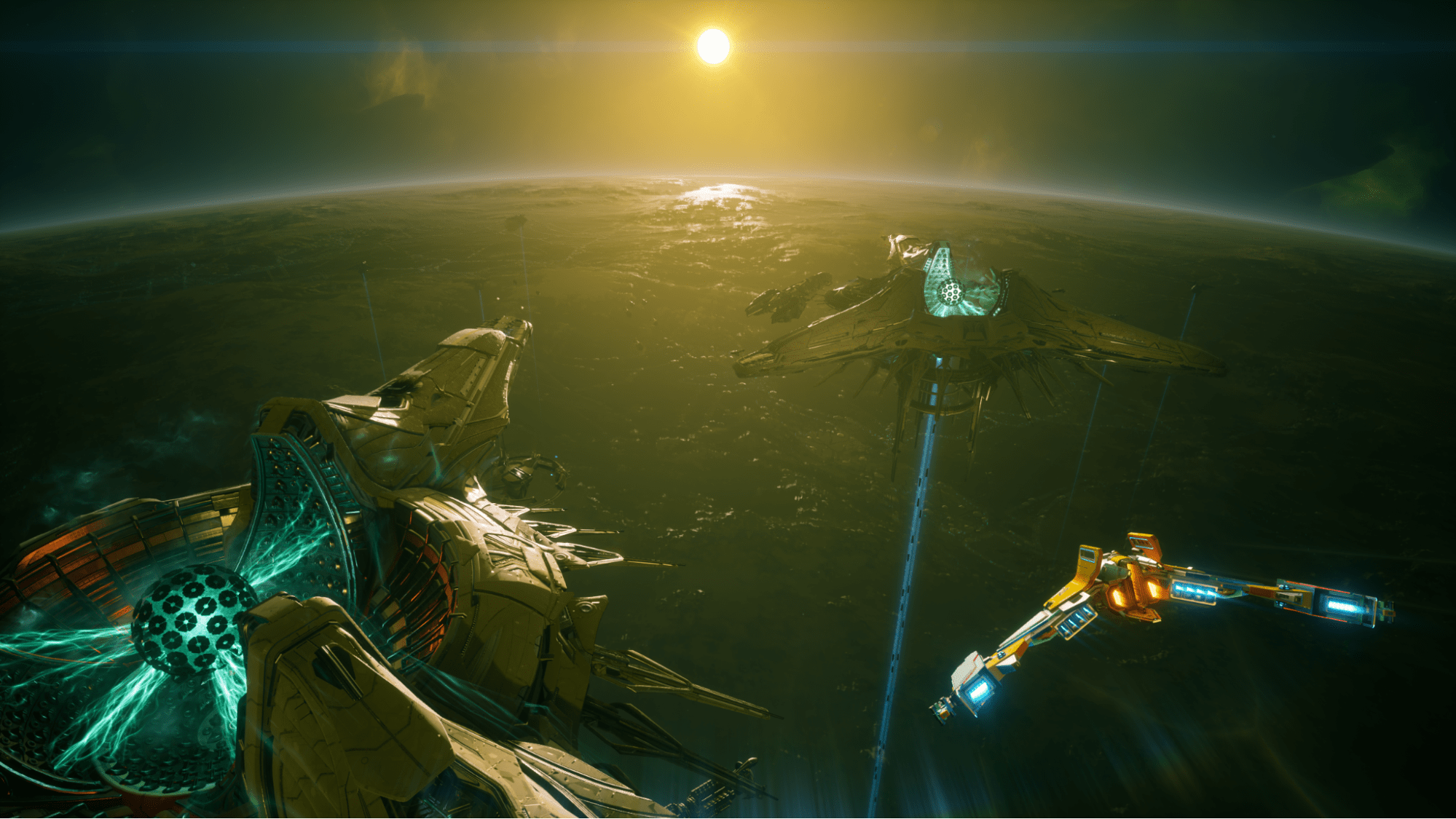 Raumschiff vor Wraith-Schiffen über einem Planeten in EVERSPACE 2