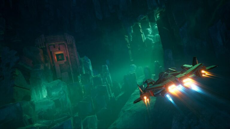 Raumschiff in einer grün beleuchteten Höhle in EVERSPACE 2