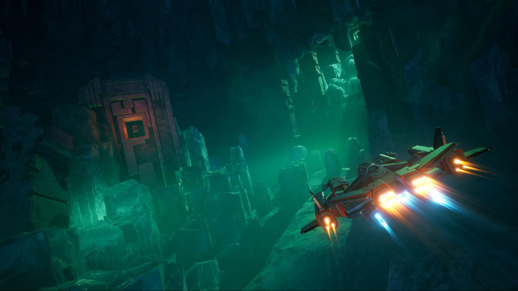 Raumschiff in einer grün beleuchteten Höhle in EVERSPACE 2