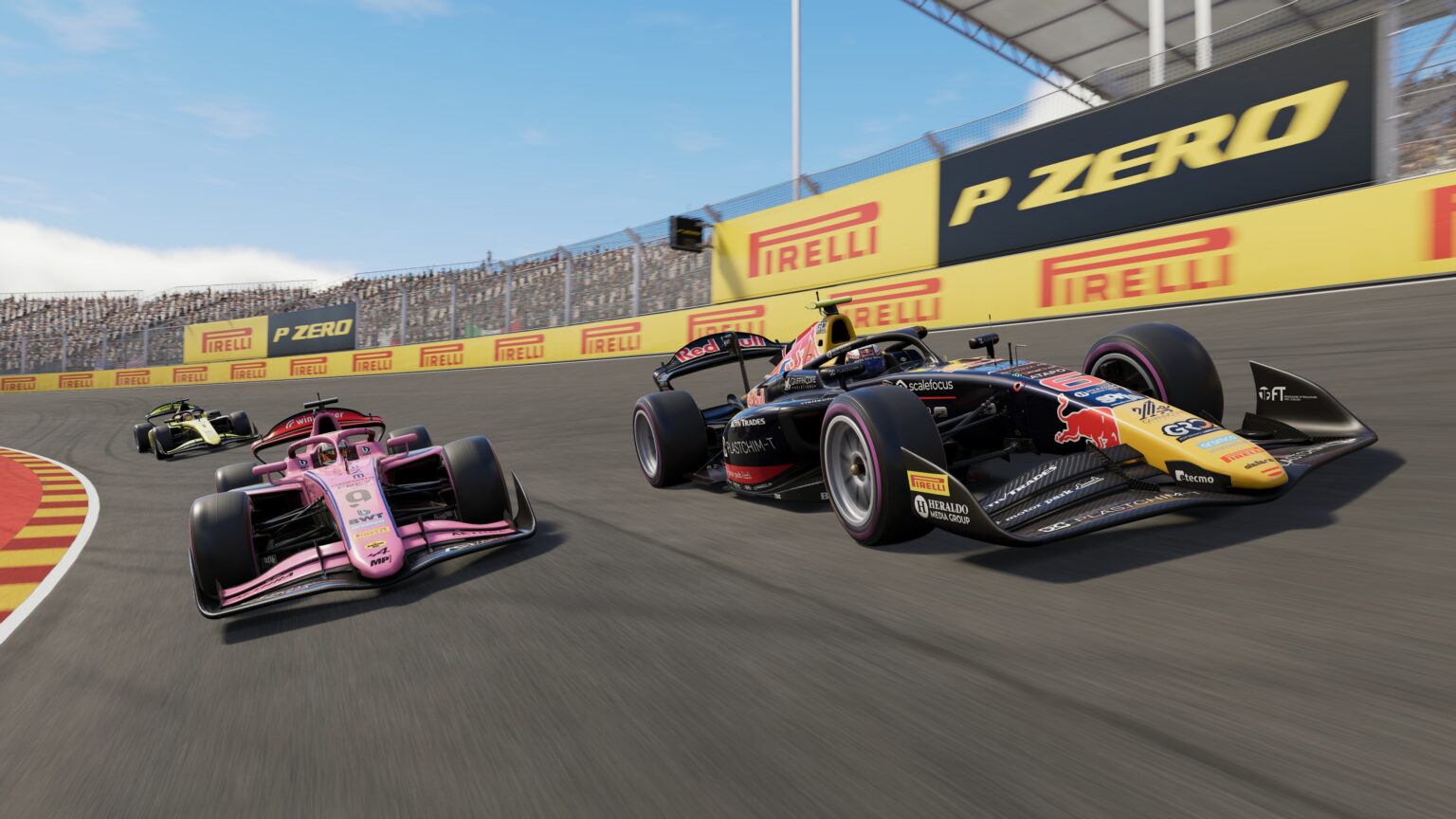 Drei Formel-2-Rennwagen fahren in F1 25 durch eine Kurve auf dem Madring
