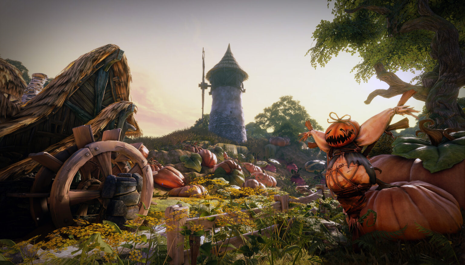 Kürbisse, Vogelscheuche und ein großes Wasserrad in einer Landschaft aus Fable Legends.