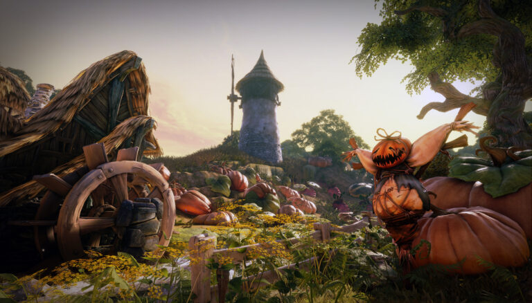 Kürbisse, Vogelscheuche und ein großes Wasserrad in einer Landschaft aus Fable Legends.