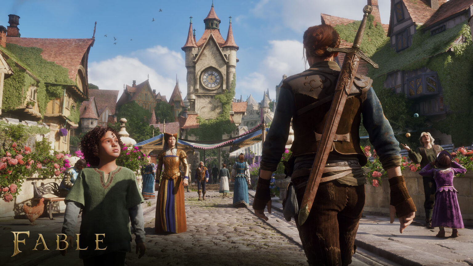 Fables Heldin auf einem belebten Platz vor dem Uhrturm in Bowerstone