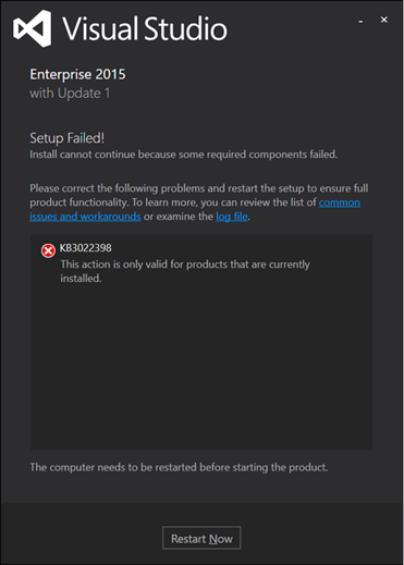 Fehlermeldung beim Setup von Visual Studio 2015 mit Update 1 - Bild: Microsoft