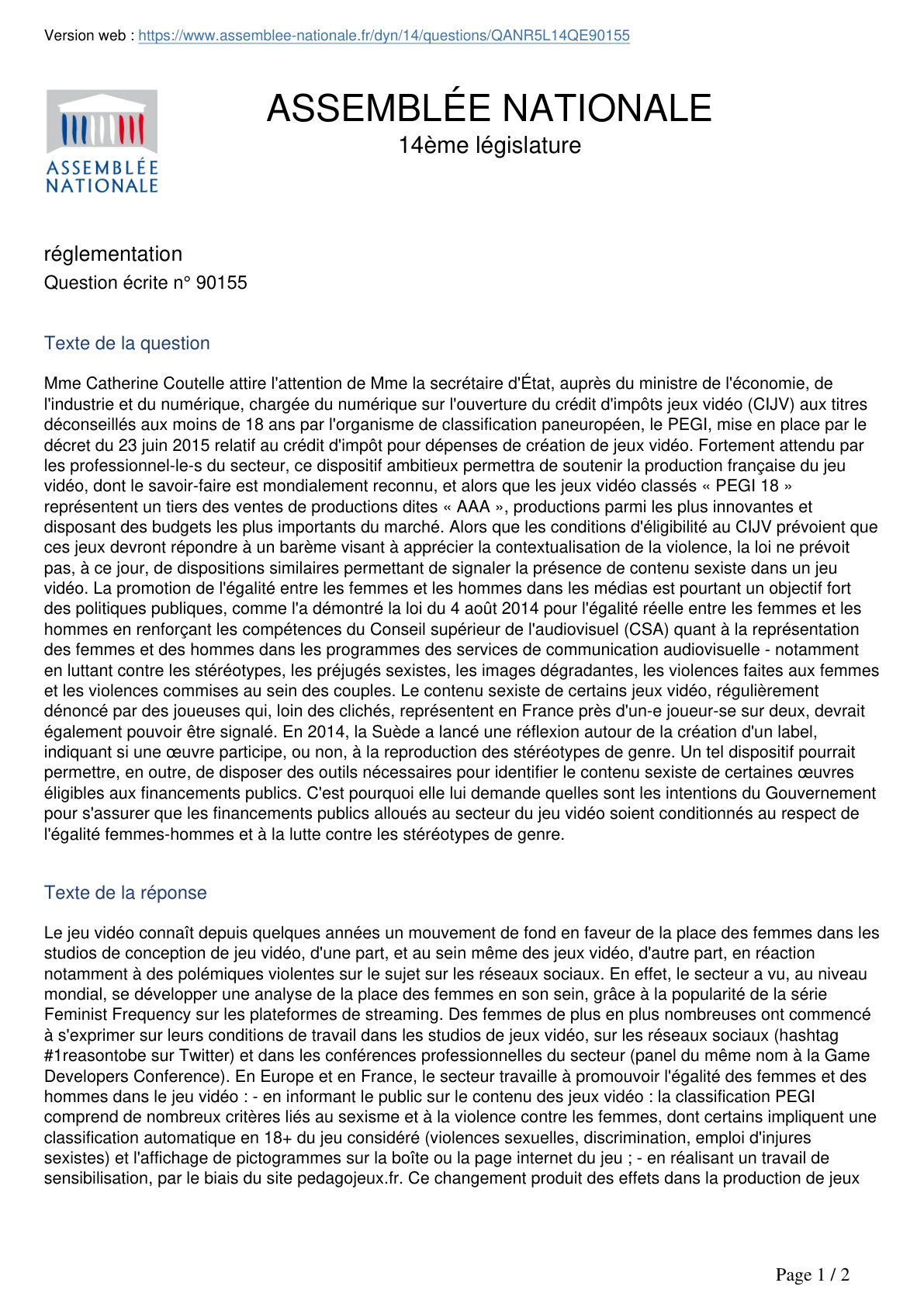 Erste Seite der parlamentarischen Frage 90155 und der Regierungsantwort zur Spieleförderung - Bild: Assemblée nationale