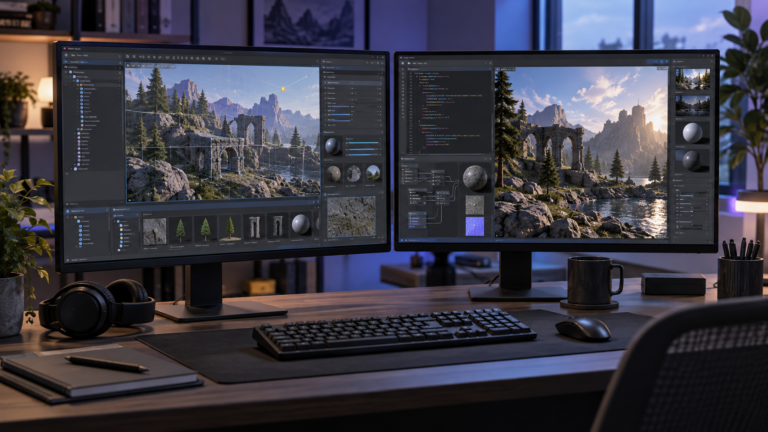 Neutraler Game-Engine-Arbeitsplatz mit 3D-Editor und Rendering-Ansicht - Bild: XboxDev, neutral generiert