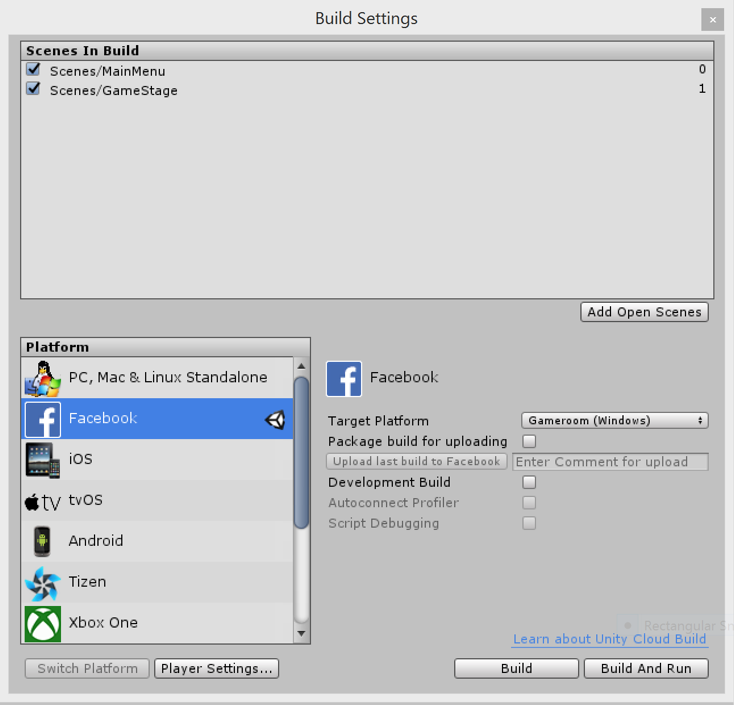 Unity-Build-Settings mit Facebook und Gameroom für Windows als Zielplattform - Bild: Facebook / Unity
