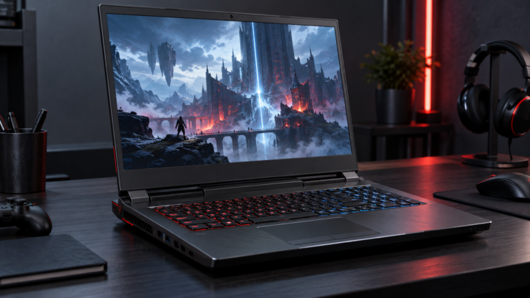Neutral dargestellter Gaming-Laptop auf einem Entwicklungsarbeitsplatz
