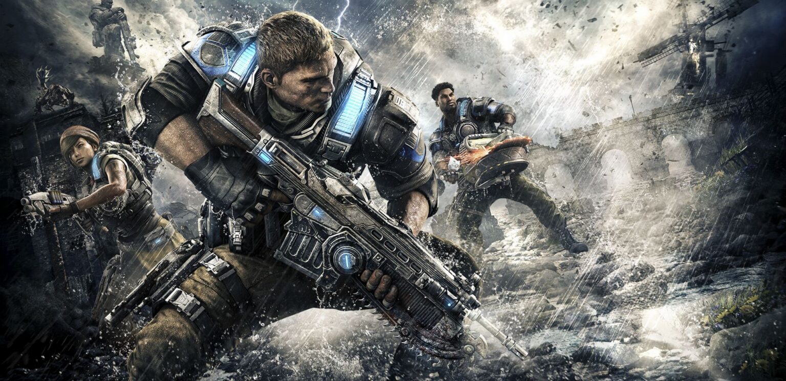 JD Fenix, Kait und Del kämpfen in einem Sturm in Gears of War 4