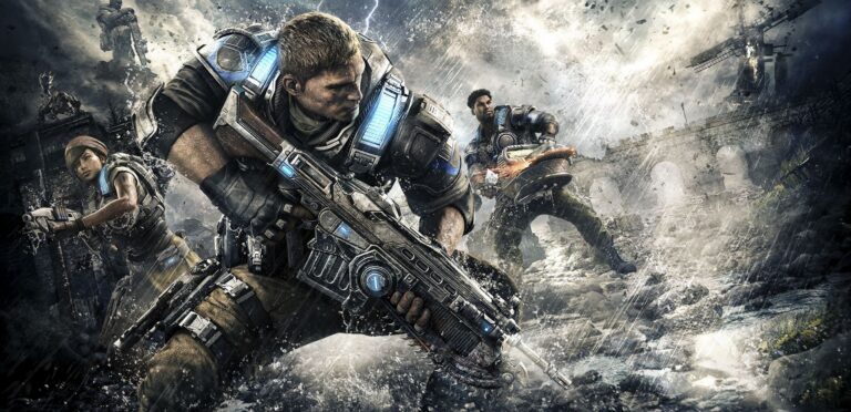 JD Fenix, Kait und Del kämpfen in einem Sturm in Gears of War 4