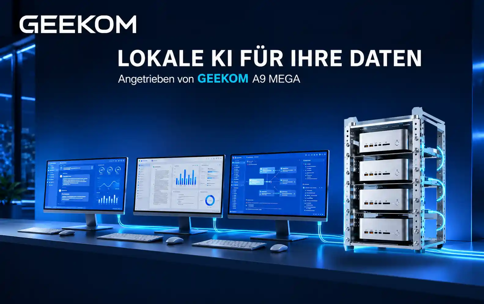 GEEKOM-Illustration eines Verbunds aus vier A9-Mega-Mini-PCs neben drei Monitoren