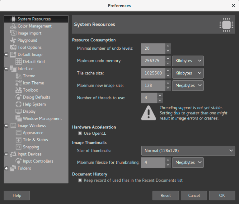 GIMP 2.9.6 mit GEGL-Thread-Einstellungen - Bild: GIMP.org