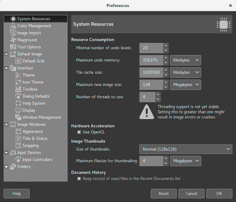 GIMP 2.9.6 mit GEGL-Thread-Einstellungen - Bild: GIMP.org