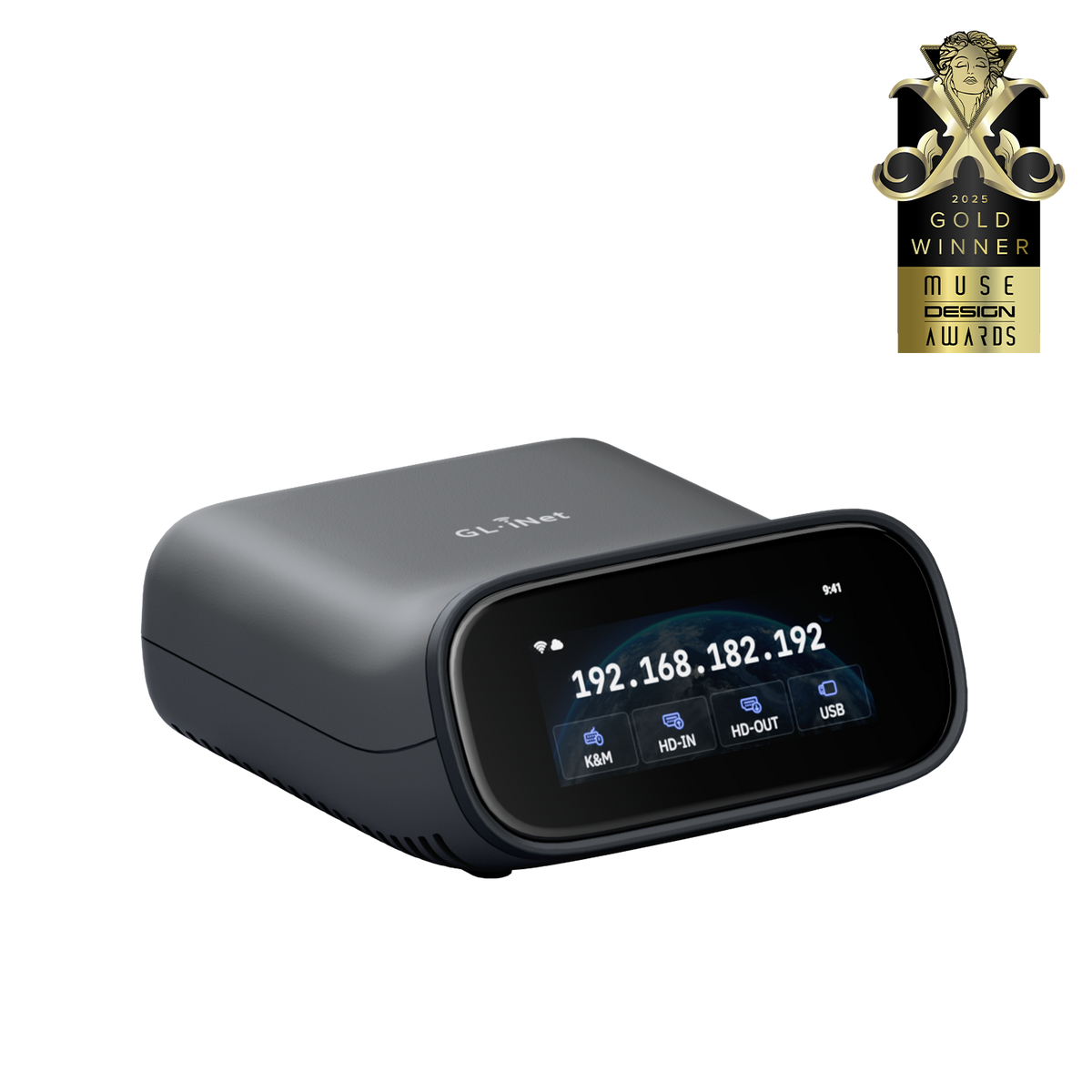 GL.iNet Comet Pro mit Touchscreen und eingeblendetem Designpreis