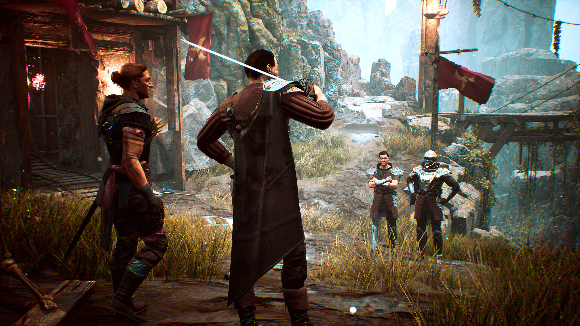 Bewaffnete Figuren treffen im Gothic Playable Teaser vor einem steinernen Durchgang auf Wachen