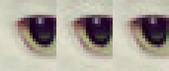 Guetzli: Katzenauge als Original, libjpeg und Guetzli von links nach rechts - Bild: Google