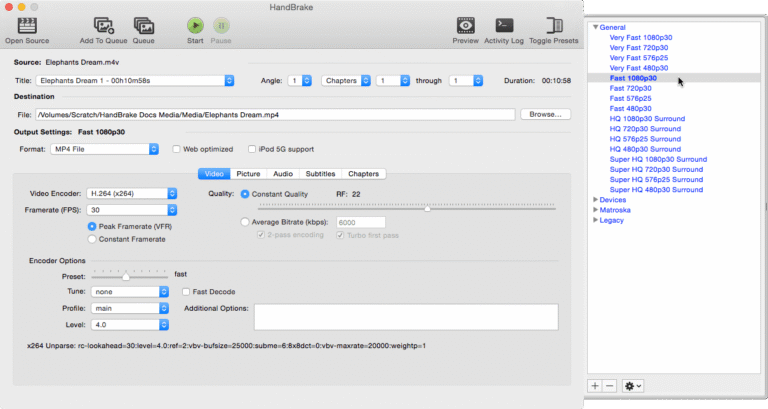 HandBrake 1.0.0 unter macOS mit geöffneten Ausgabeprofilen - Bild: HandBrake-Team, Dokumentation (CC BY-SA 4.0)