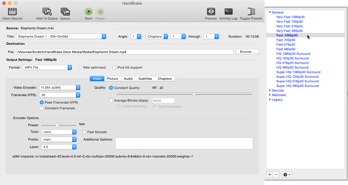 HandBrake 1.0.0 unter macOS mit geöffneten Ausgabeprofilen - Bild: HandBrake-Team, Dokumentation (CC BY-SA 4.0)