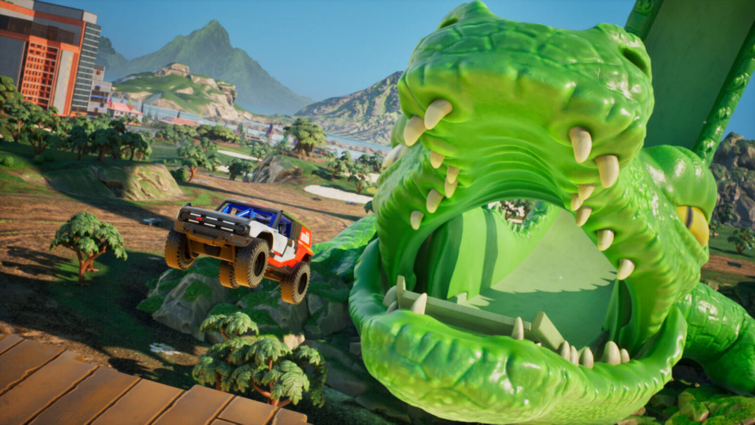 Geländewagen springt in Hot Wheels Infinite Rush neben einem riesigen grünen Krokodilkopf