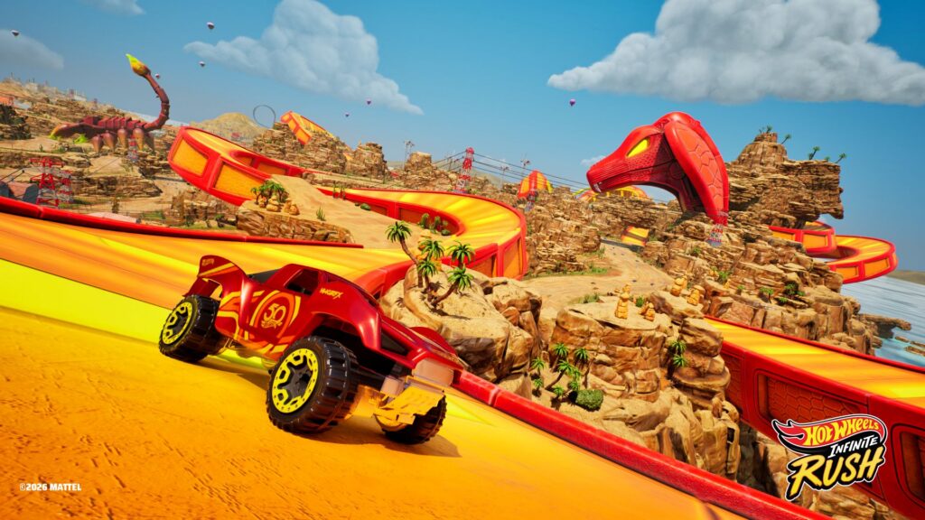 Roter Hot-Wheels-Truck auf einer gelben Strecke neben einem riesigen Schlangenkopf