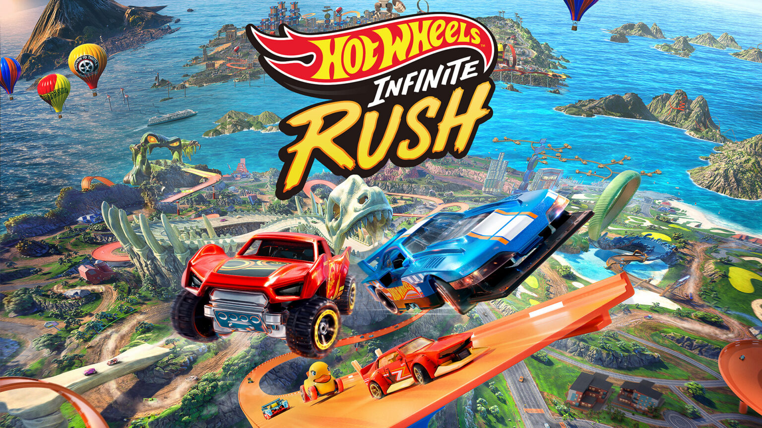 Hot-Wheels-Autos springen über orangefarbene Strecken vor einer Inselwelt