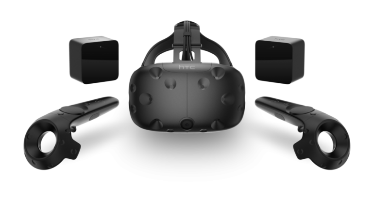 HTC Vive mit zwei Controllern und Basisstationen aus der offiziellen Produktankündigung - Bild: HTC