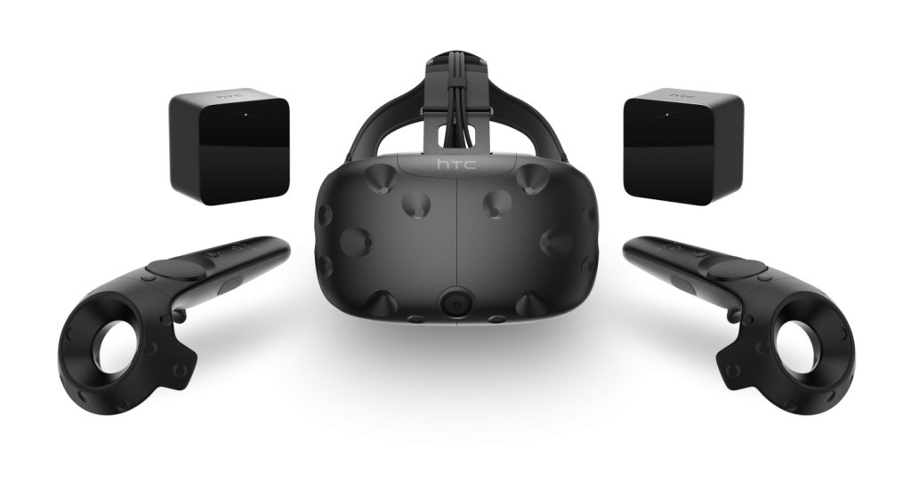 HTC Vive mit zwei Controllern und Basisstationen aus der offiziellen Produktankündigung - Bild: HTC