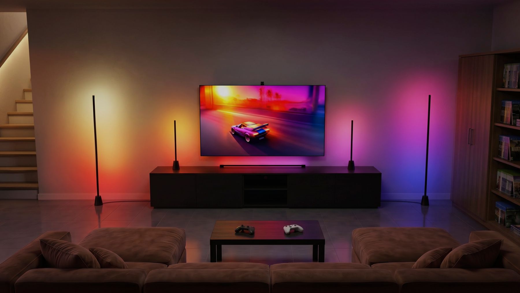 Fernseher mit Hue Screen Sync und farblich synchronisierten Leuchten in einem Gaming-Zimmer