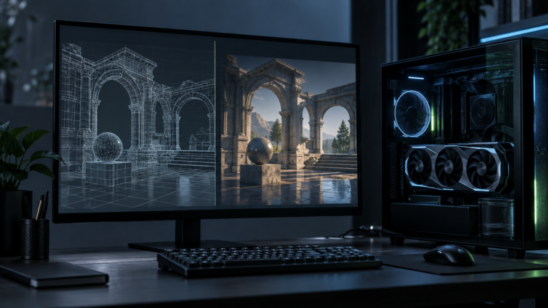 Neutraler PC-Arbeitsplatz mit Grafikdarstellung für Direct3D und Vulkan - Bild: redaktionell generiert