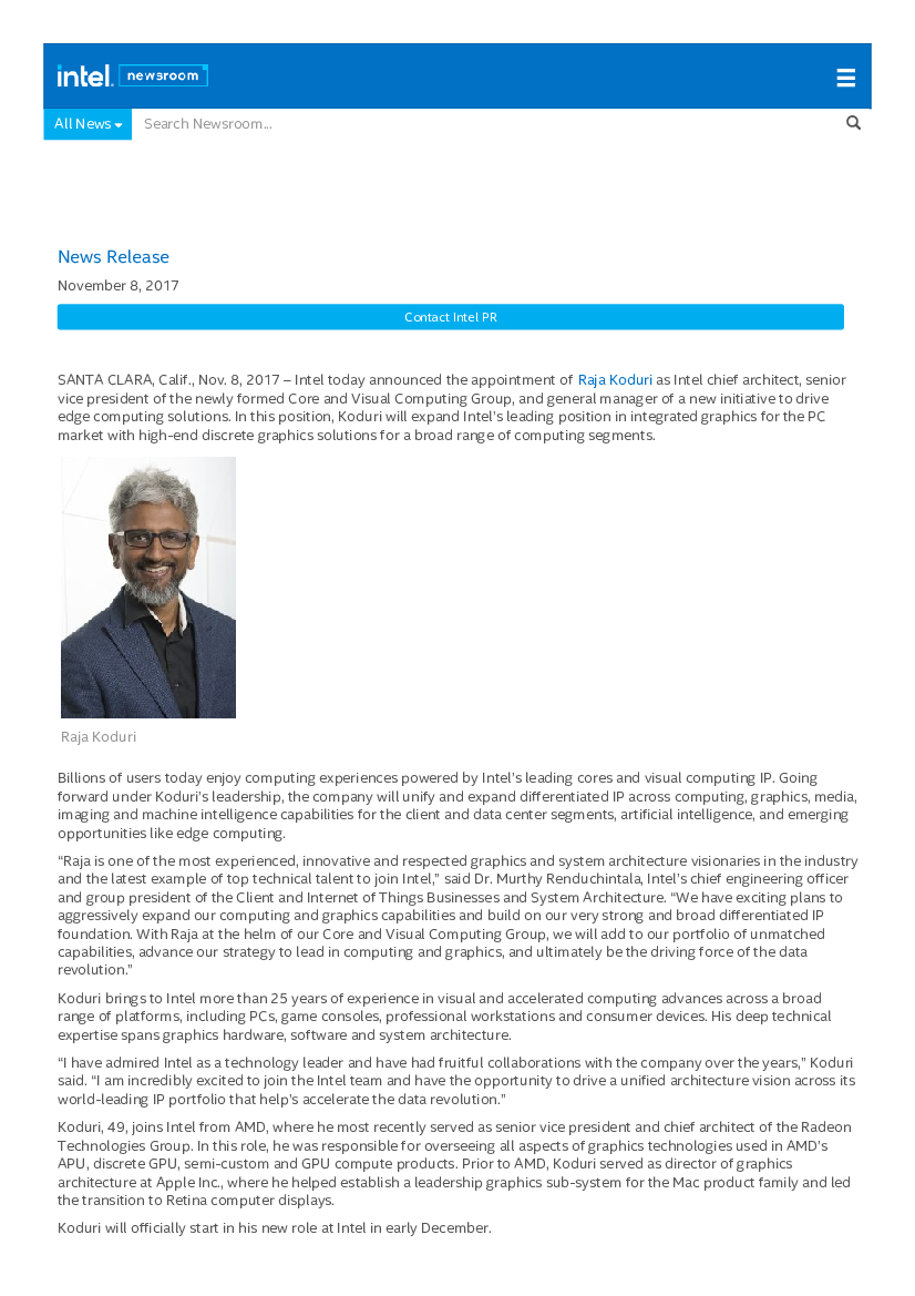 Intel-Newsroom-Meldung zur Berufung von Raja Koduri