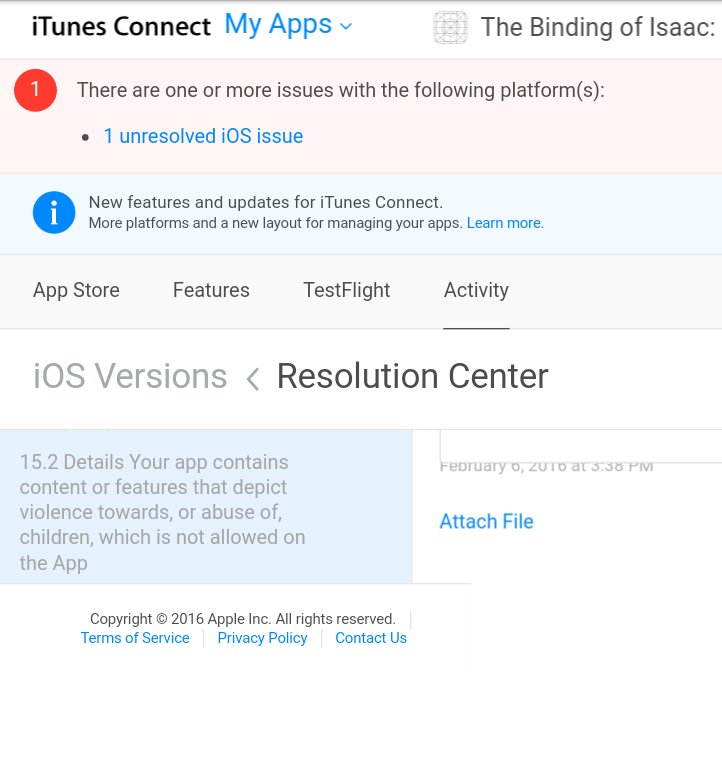 Von Tyrone Rodriguez am 7. Februar 2016 veröffentlichter Screenshot der damaligen App-Store-Ablehnung von The Binding of Isaac - Bild: Tyrone Rodriguez / Nicalis, Oberfläche: Apple