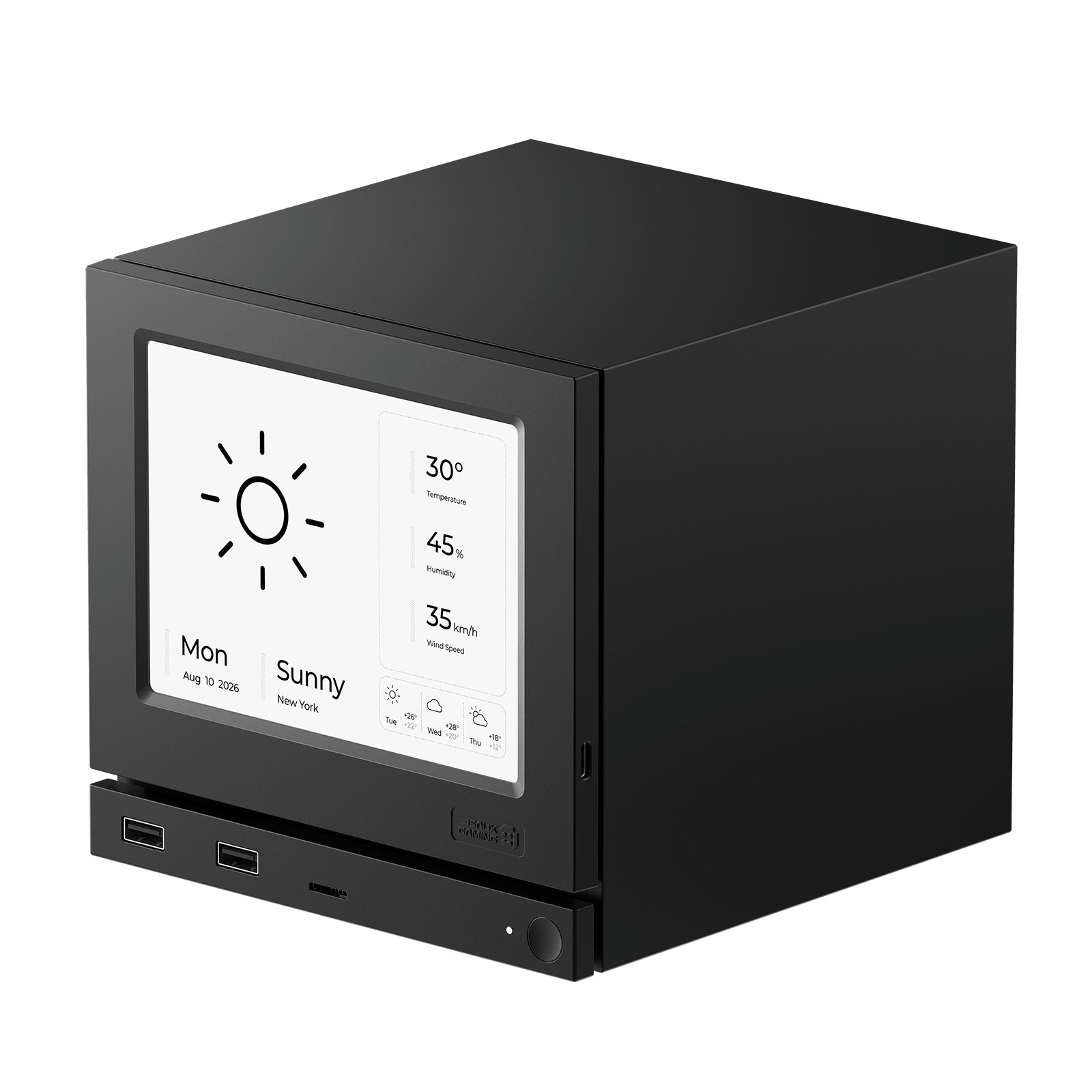 Steam Machine mit JSAUX-E-Ink-Display und beispielhafter Wetteranzeige
