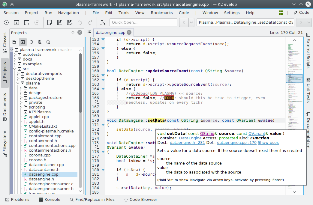 KDevelop 5.0 unter Linux mit C++-Quellcode und Dokumentationsanzeige - Bild: Kevin Funk / KDevelop