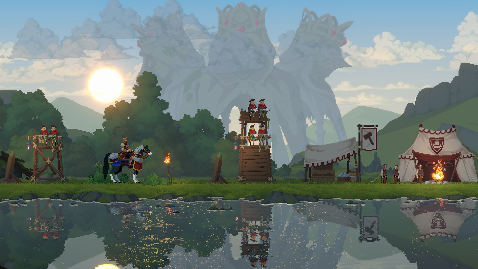 Bogenschützen auf hölzernen Wachtürmen schützen eine Siedlung in Kingdom III: Rising Realms