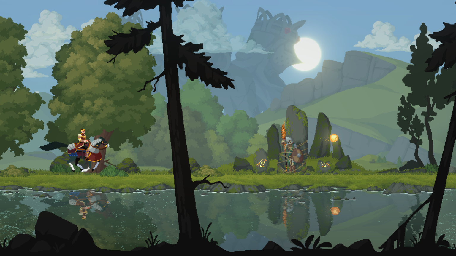Ein berittener Monarch erkundet eine bewaldete Insel in Kingdom III: Rising Realms