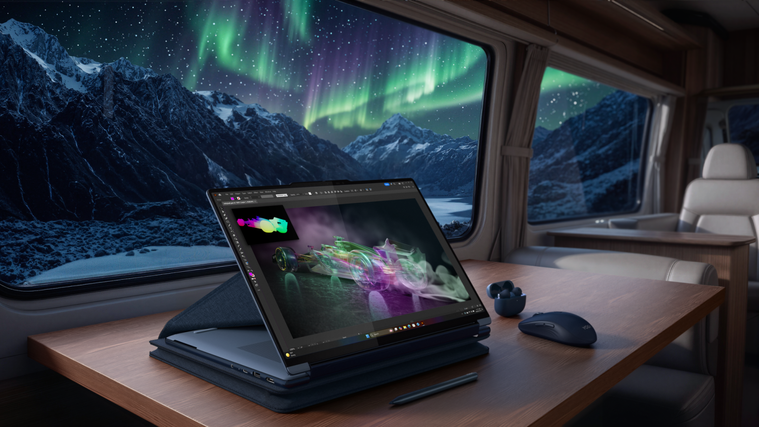 Lenovo Yoga 9n 2-in-1 mit umgeklapptem Bildschirm auf einem Zugtisch
