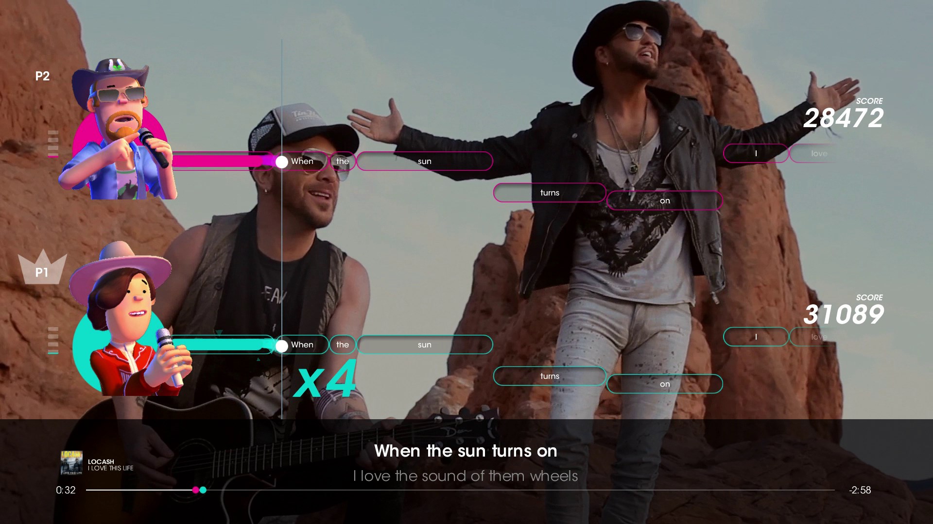 Karaoke-Partie mit zwei Spielern, Gesangsanzeigen und Punktzahlen in Let’s Sing Country