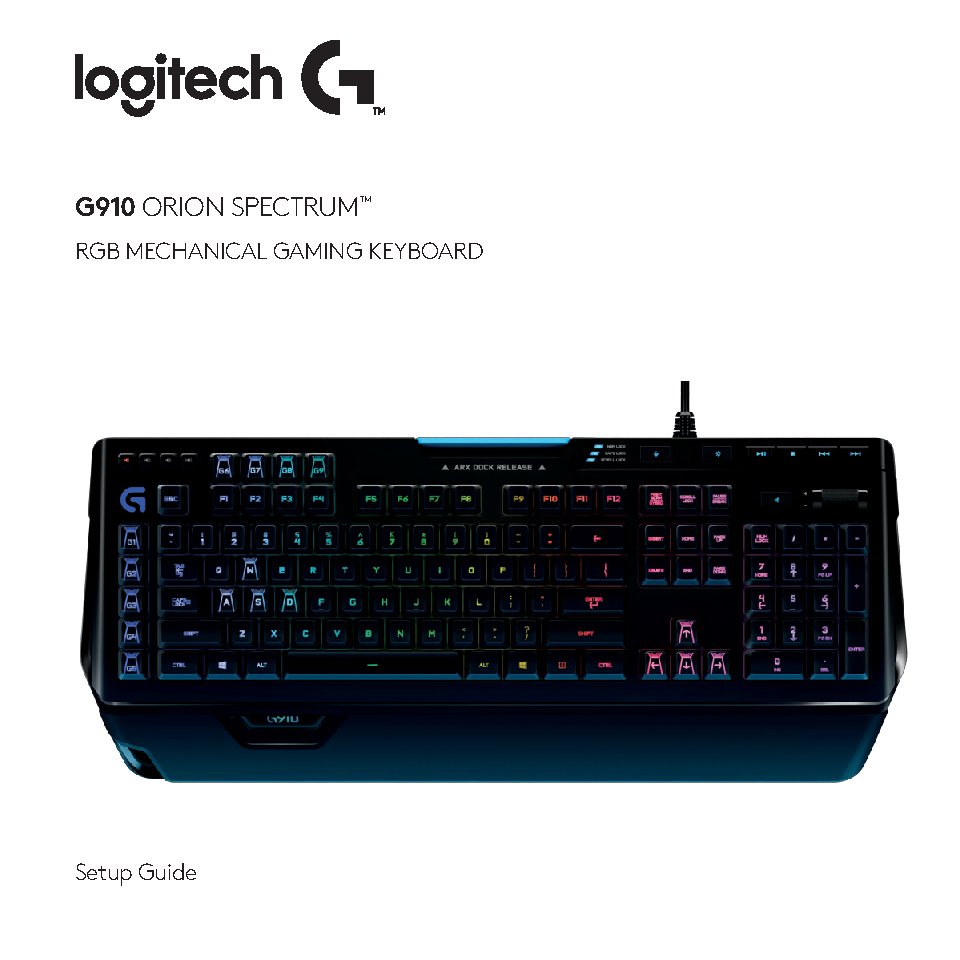 Titelseite der Logitech-G910-Orion-Spectrum-Anleitung mit Abbildung der RGB-Tastatur - Bild: Logitech