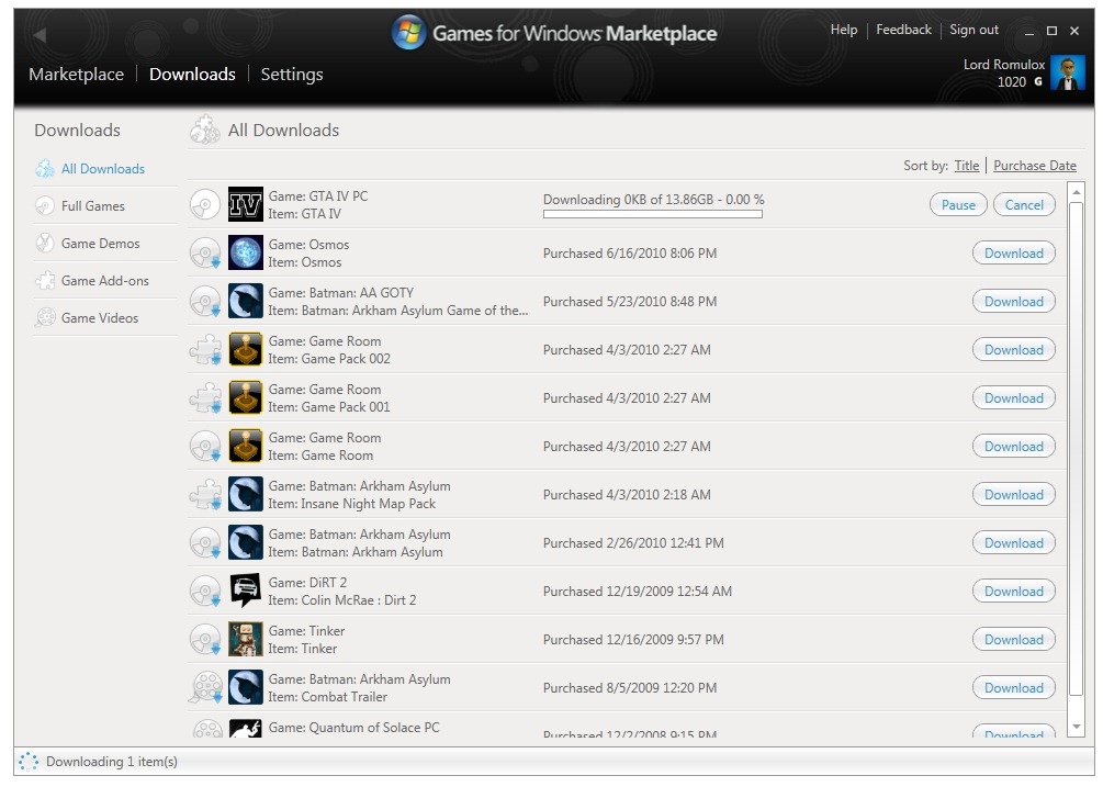 Games-for-Windows-Marketplace-Client mit der Downloadliste gekaufter Spiele