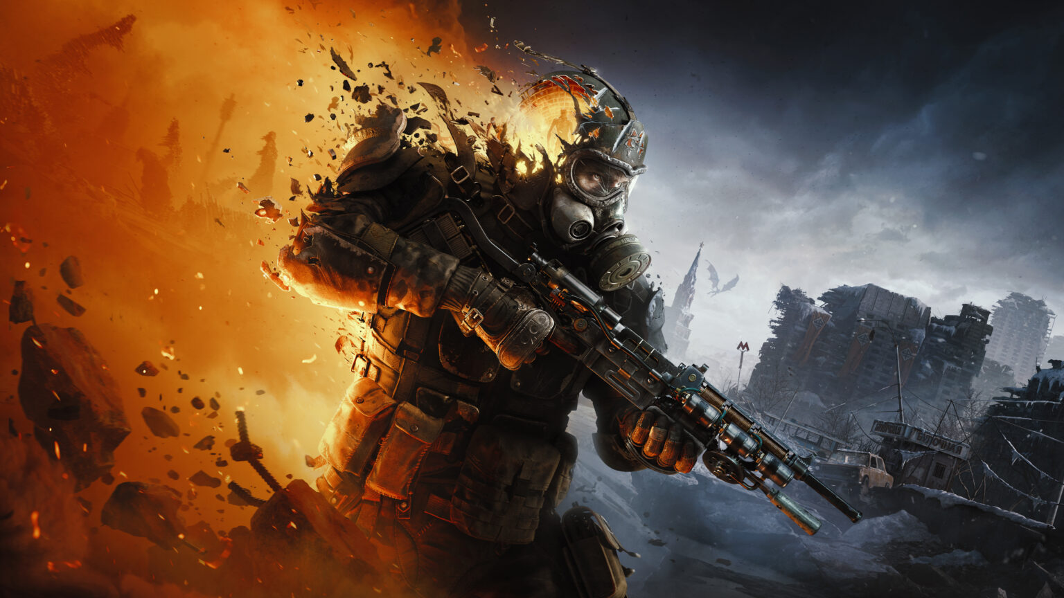 Bewaffneter Kämpfer mit Gasmaske im offiziellen Keyart von METRO 2039
