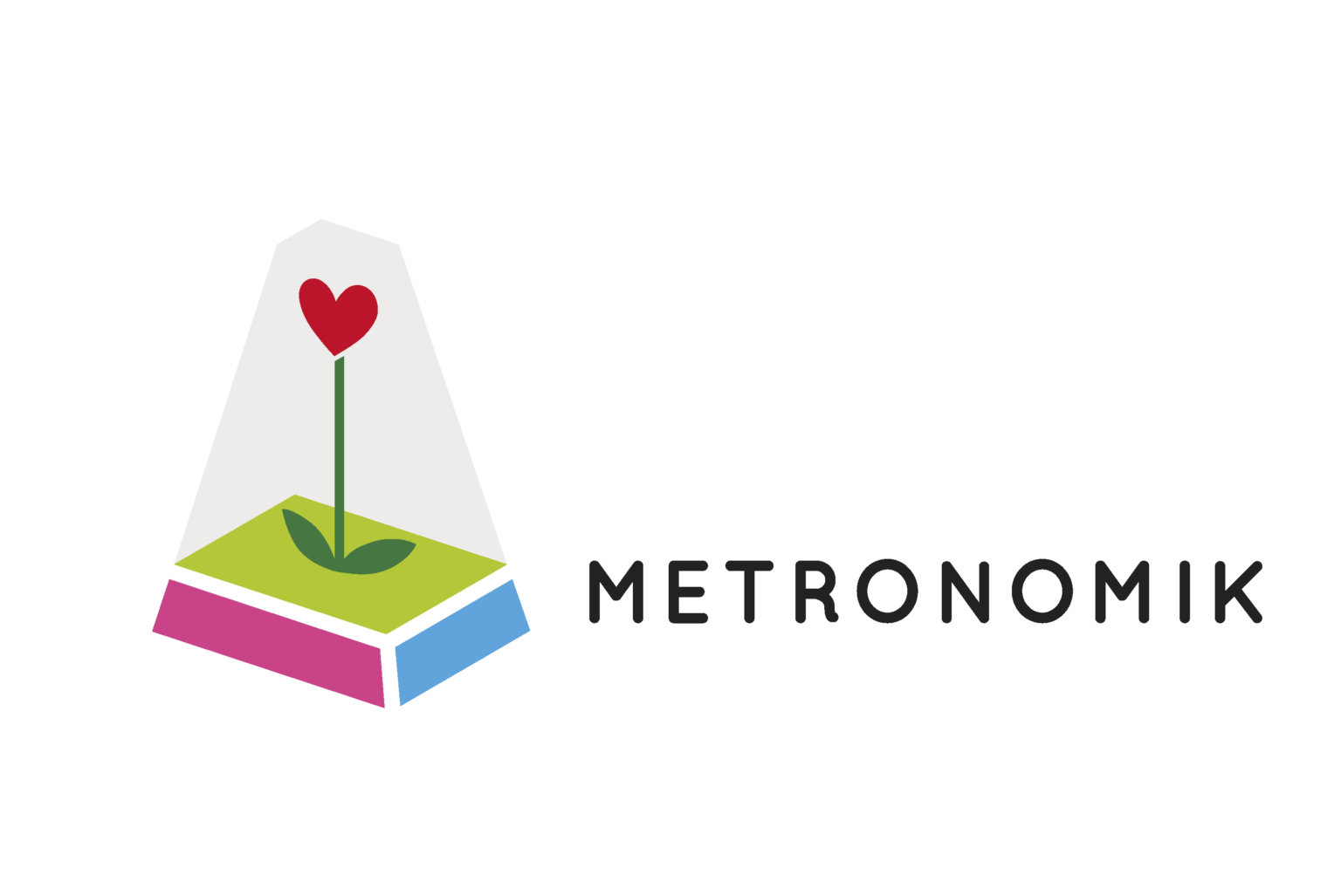 Metronomik-Schriftzug neben einer stilisierten Blume mit roter herzförmiger Blüte.