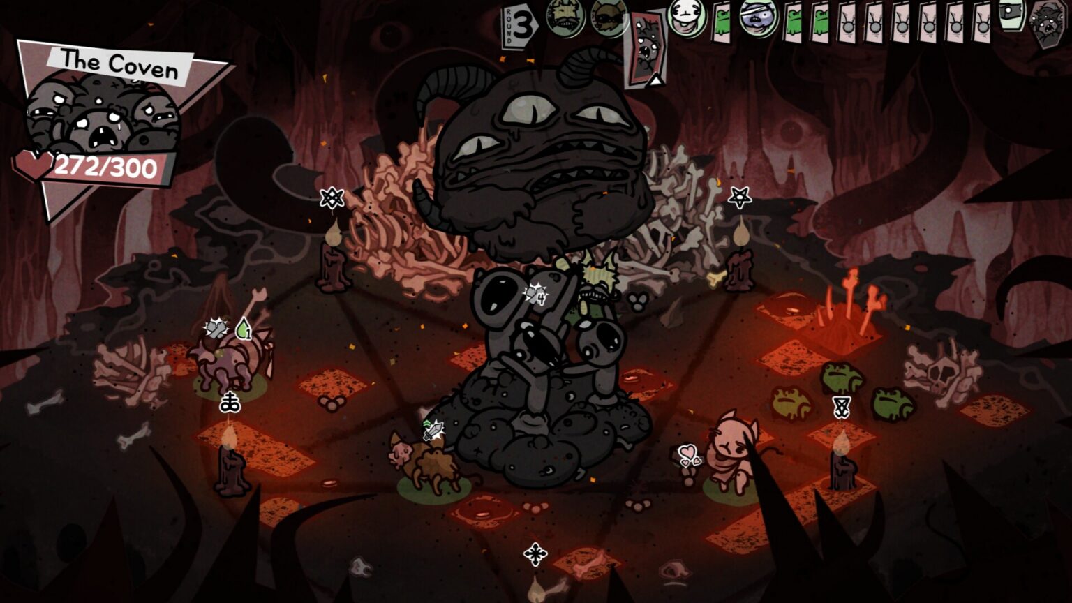 Katzen kämpfen in Mewgenics gegen den Boss The Coven in einer düsteren Arena
