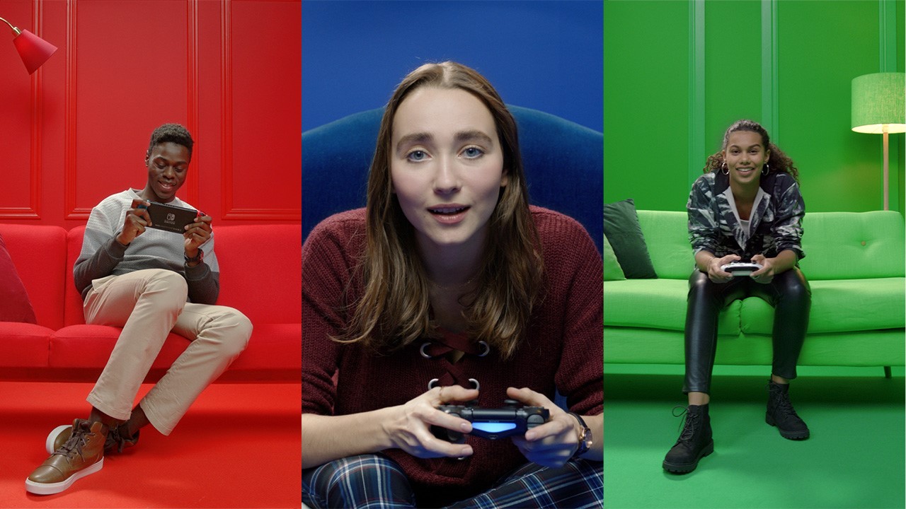 Drei Spieler mit Nintendo Switch, PS4- und Xbox-Controller