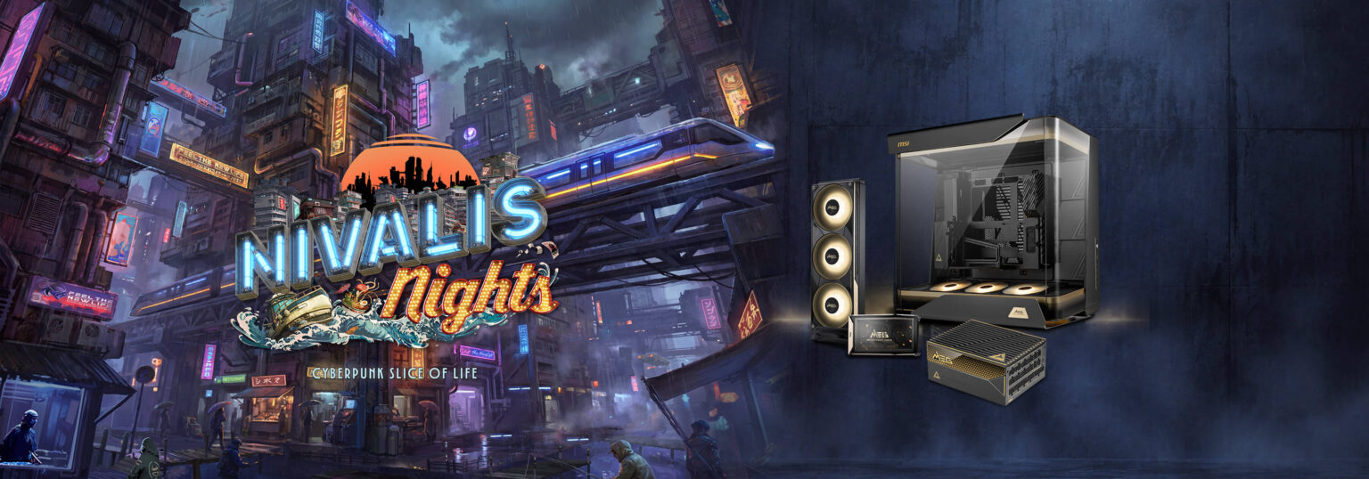 Nivalis-Nights-Aktionsmotiv mit MSI-Netzteil, Wasserkühlung und Gehäuse - Bild: MSI / ION LANDS / 505 Games